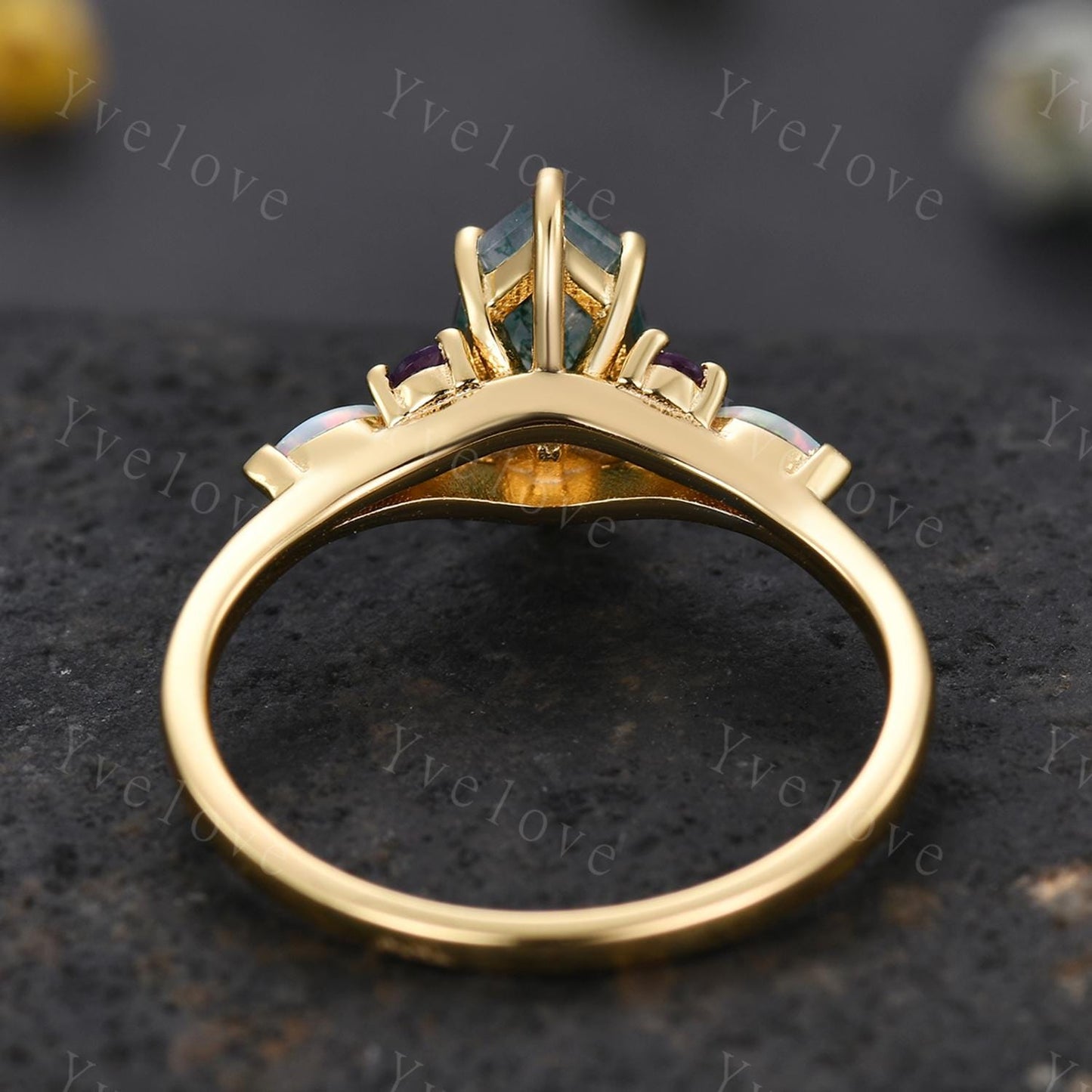 Vintage marquise moss agate engagement ring,Unique green agate wedding ring,Art deco opal amethyst matching stacking band rings for women