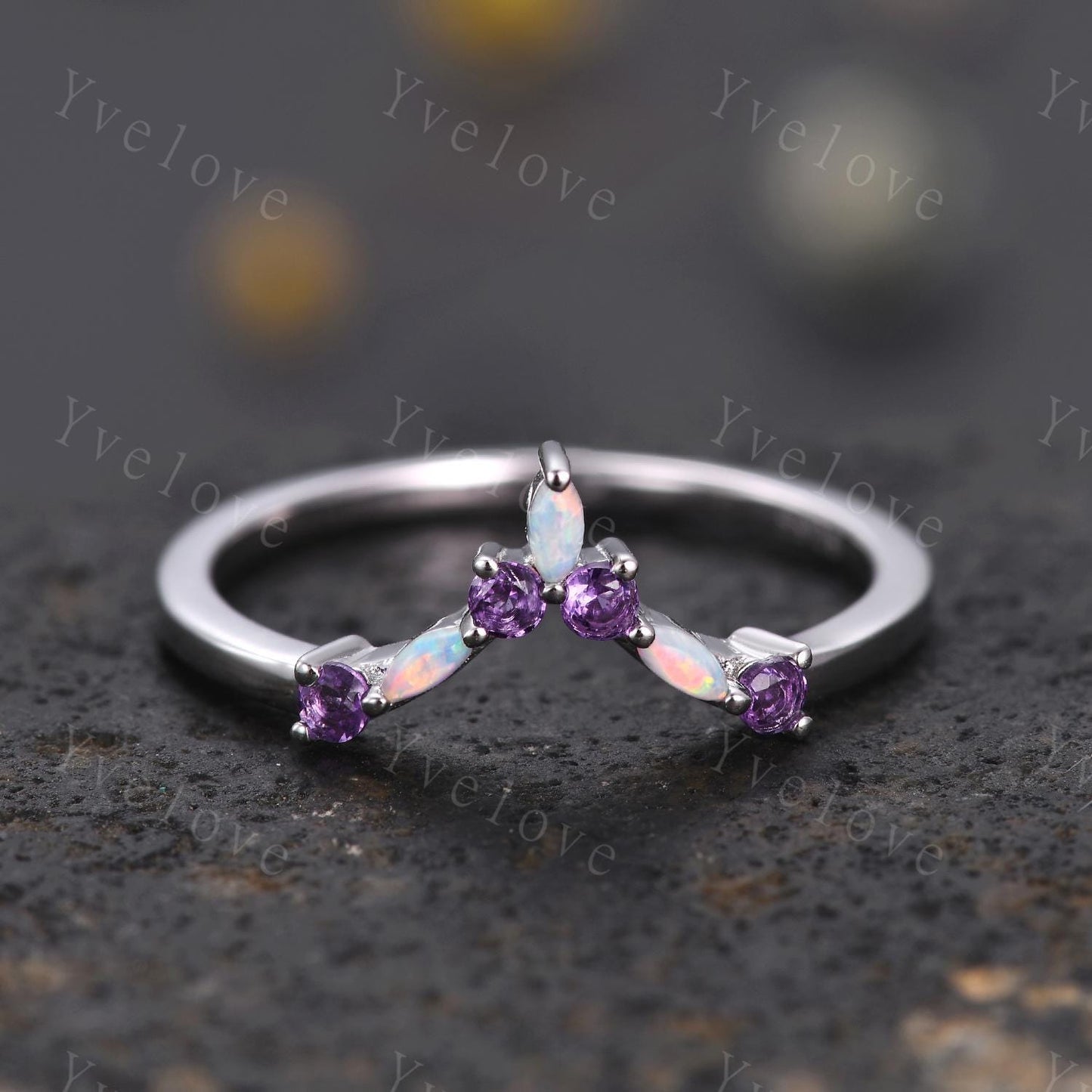 Opal Amethyst Wedding Ring Match Stacking ring V Curved Wedding Band Sterling Silver Marquise Opal Ring Promise Jewelry Anniversary Gift