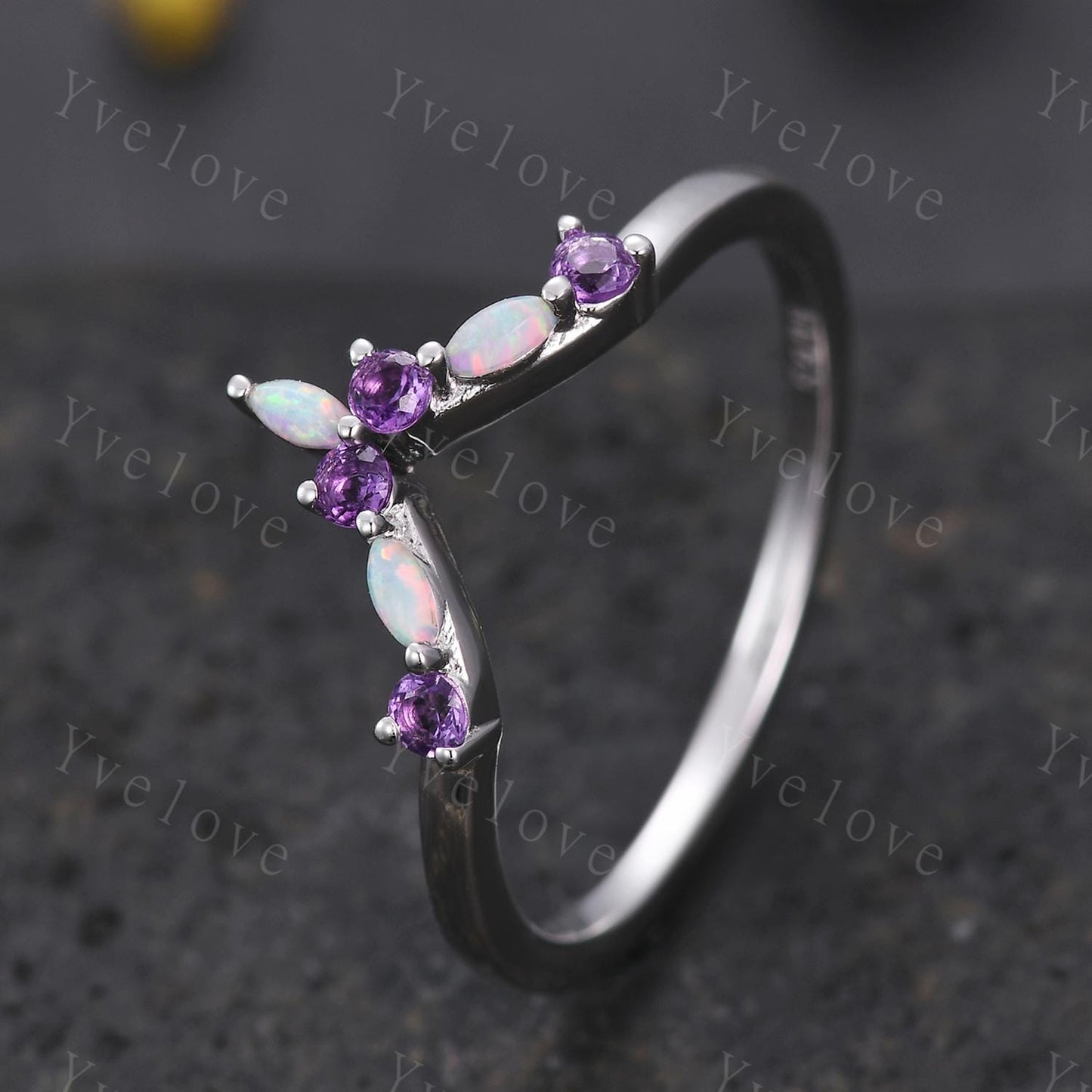 Opal Amethyst Wedding Ring Match Stacking ring V Curved Wedding Band Sterling Silver Marquise Opal Ring Promise Jewelry Anniversary Gift