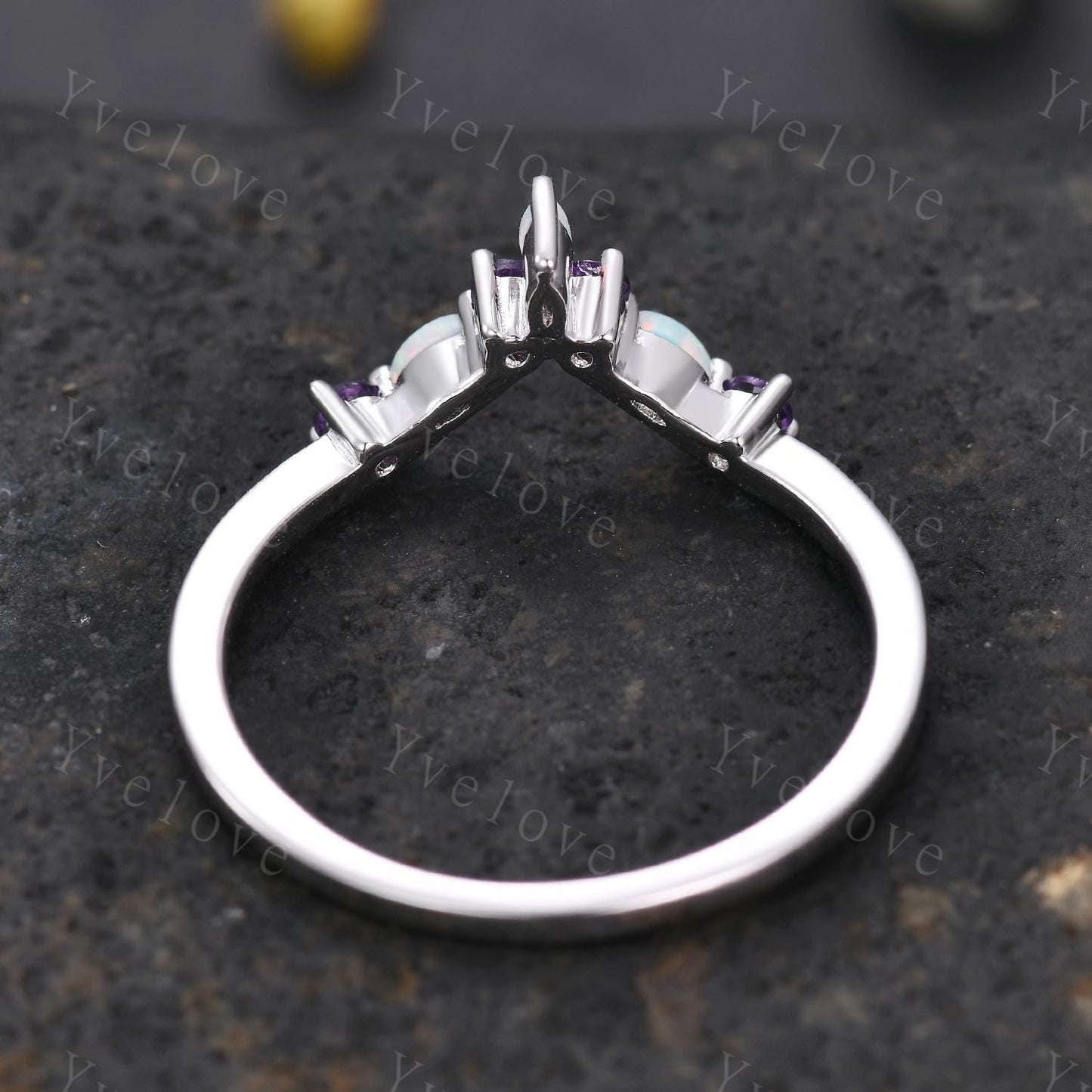 Opal Amethyst Wedding Ring Match Stacking ring V Curved Wedding Band Sterling Silver Marquise Opal Ring Promise Jewelry Anniversary Gift