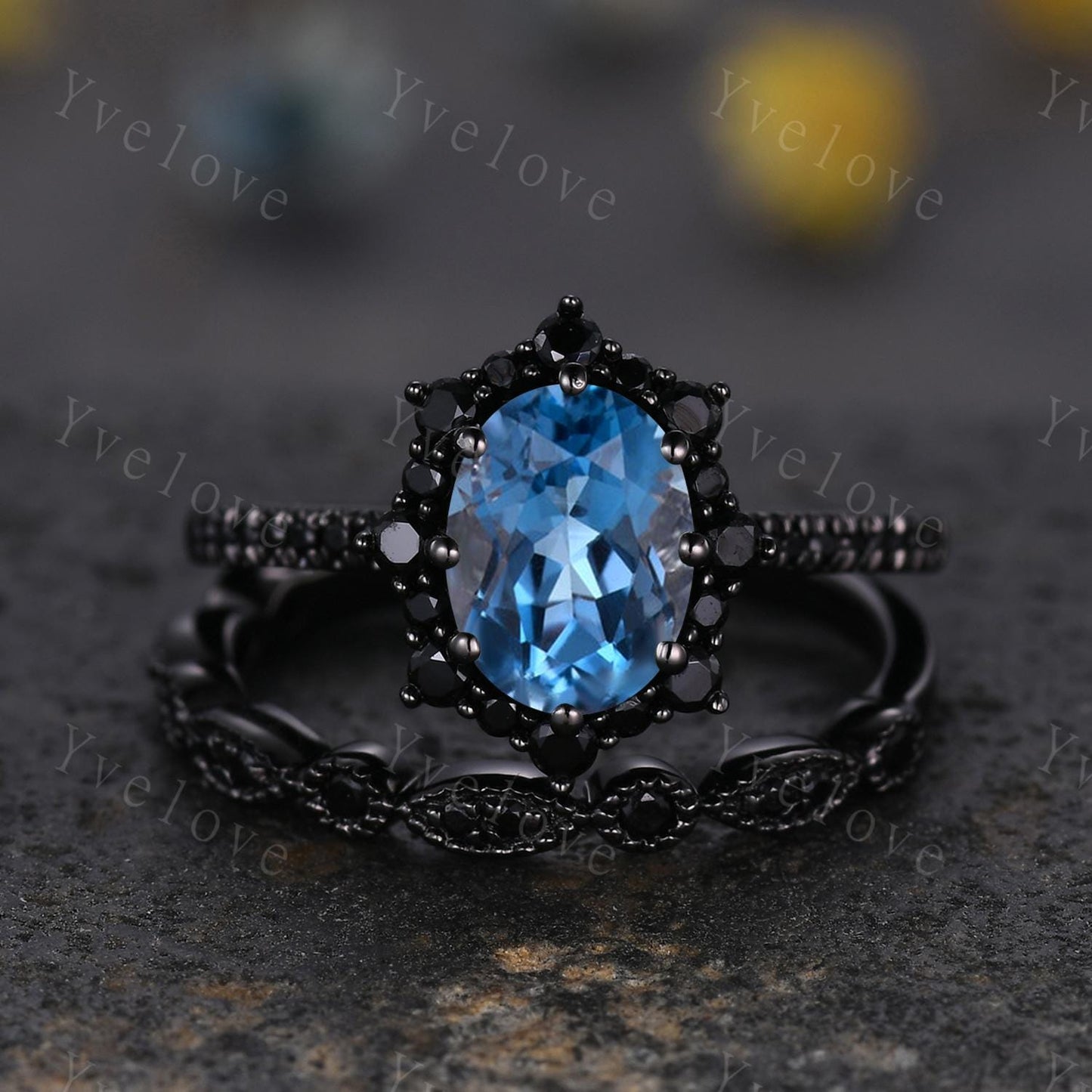 Gothic Oval London Blue Topaz Engagement Ring Set,Black Gold Black Diamond Promise Ring Set Unique Rhodium Black Witchy Ring Bridal Set Gift