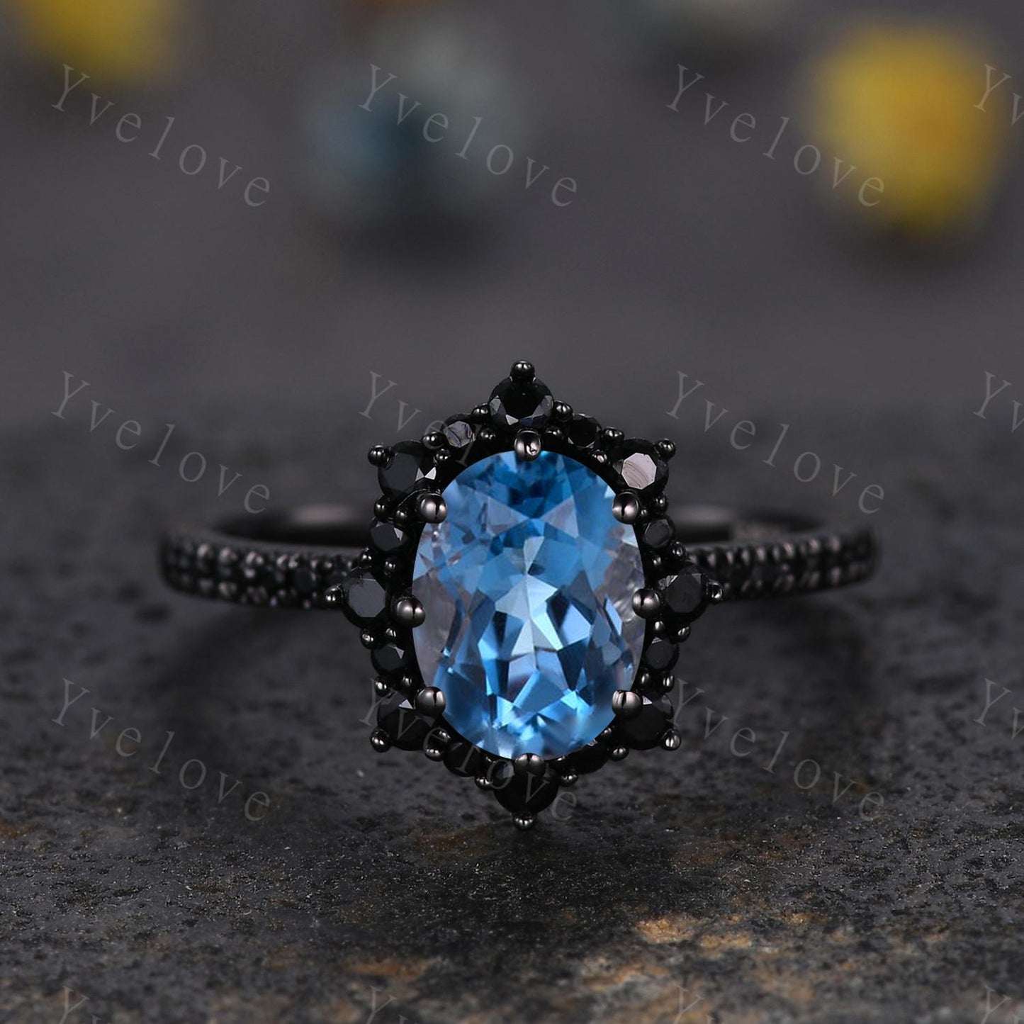 Gothic Oval London Blue Topaz Engagement Ring Set,Black Gold Black Diamond Promise Ring Set Unique Rhodium Black Witchy Ring Bridal Set Gift