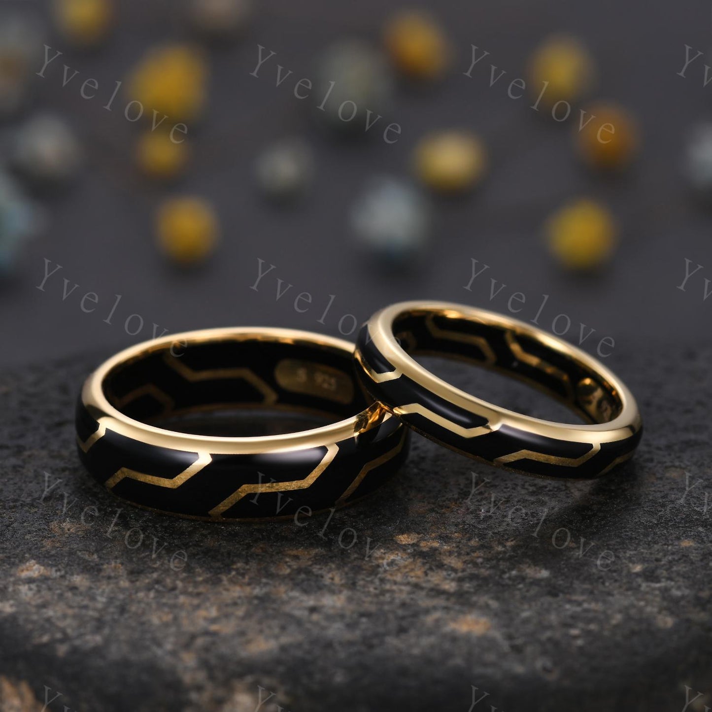 Couples ring set black enamel coating ring for men and women black onyx wedding band gold promise stacking matching Band retro vintage Gift