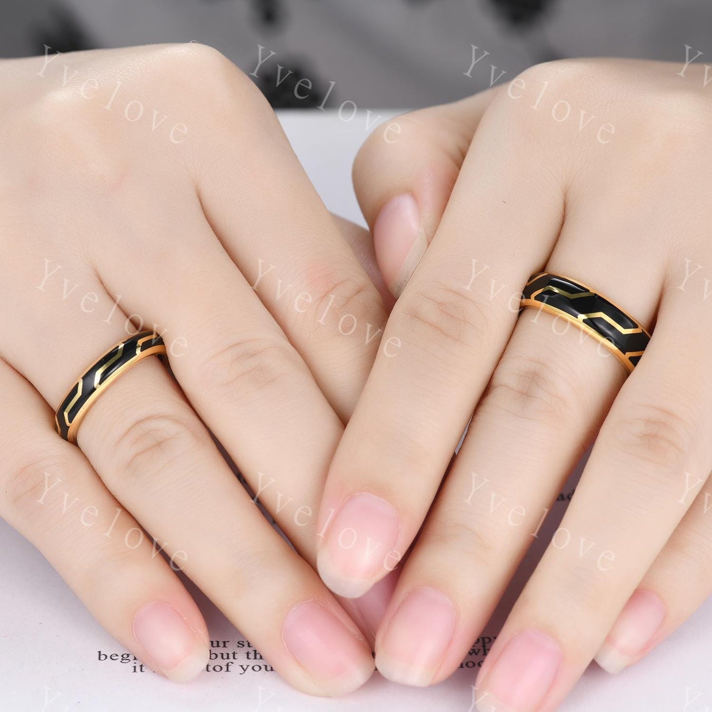Couples ring set black enamel coating ring for men and women black onyx wedding band gold promise stacking matching Band retro vintage Gift