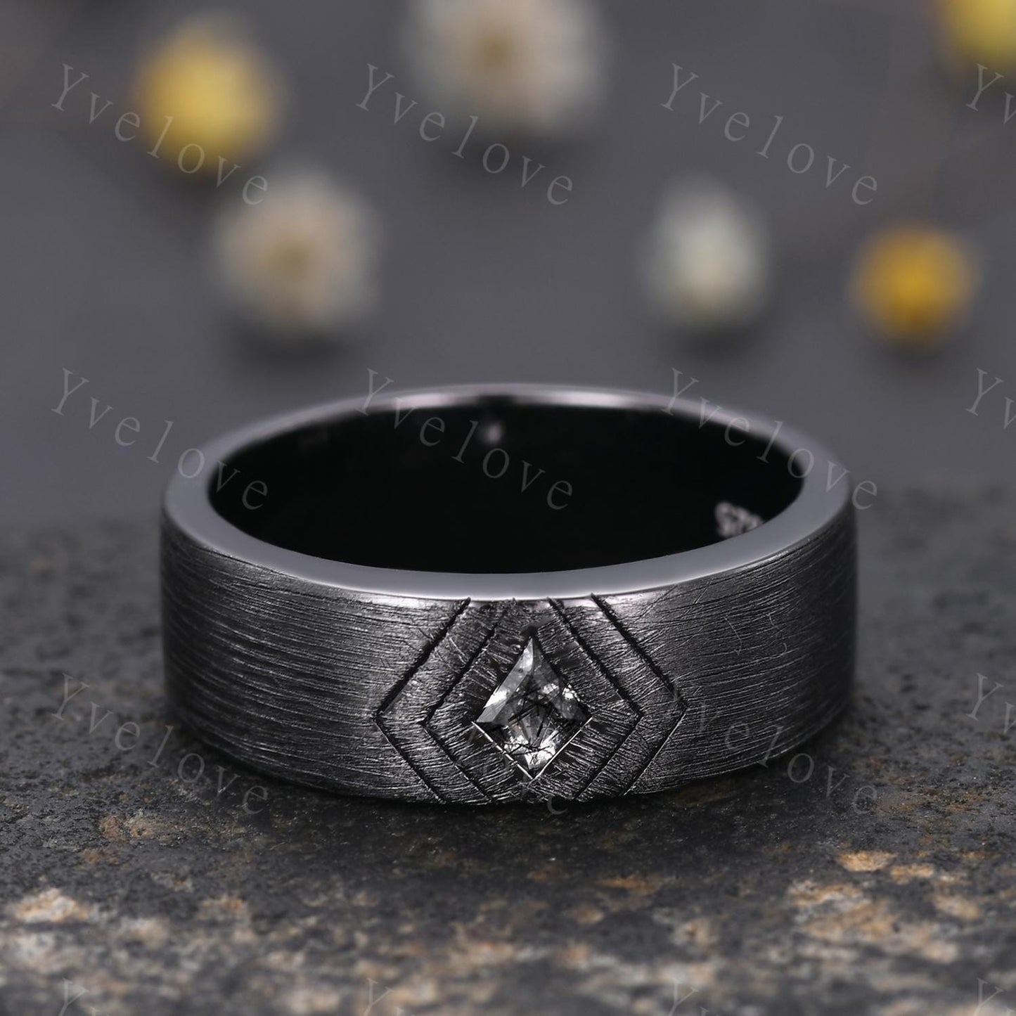 7mm Black Gold Mens Kite Cut Black Quartz Wedding Band Black Jewelry Engagement Ring Matt Finish Band Mens Stacking Band His Wedding band