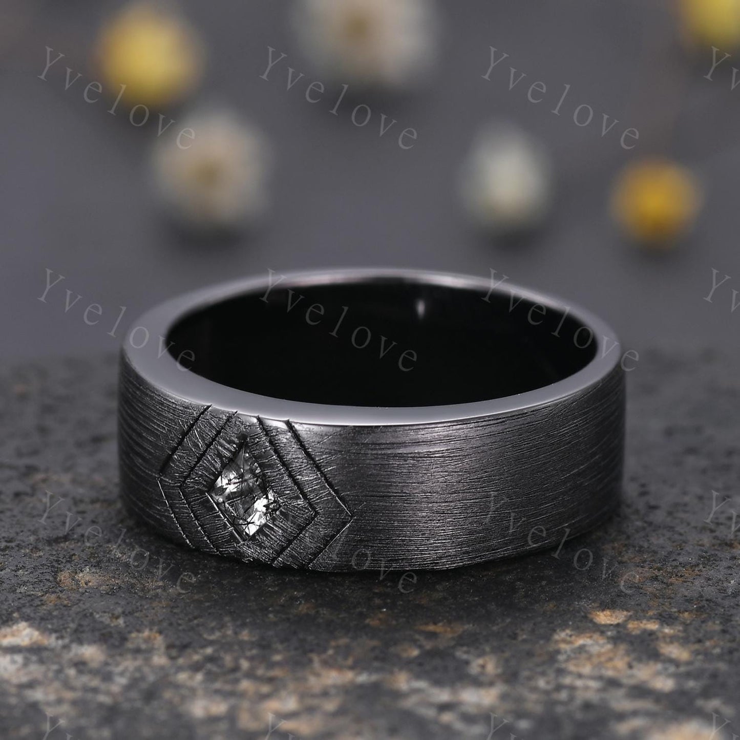 7mm Black Gold Mens Kite Cut Black Quartz Wedding Band Black Jewelry Engagement Ring Matt Finish Band Mens Stacking Band His Wedding band