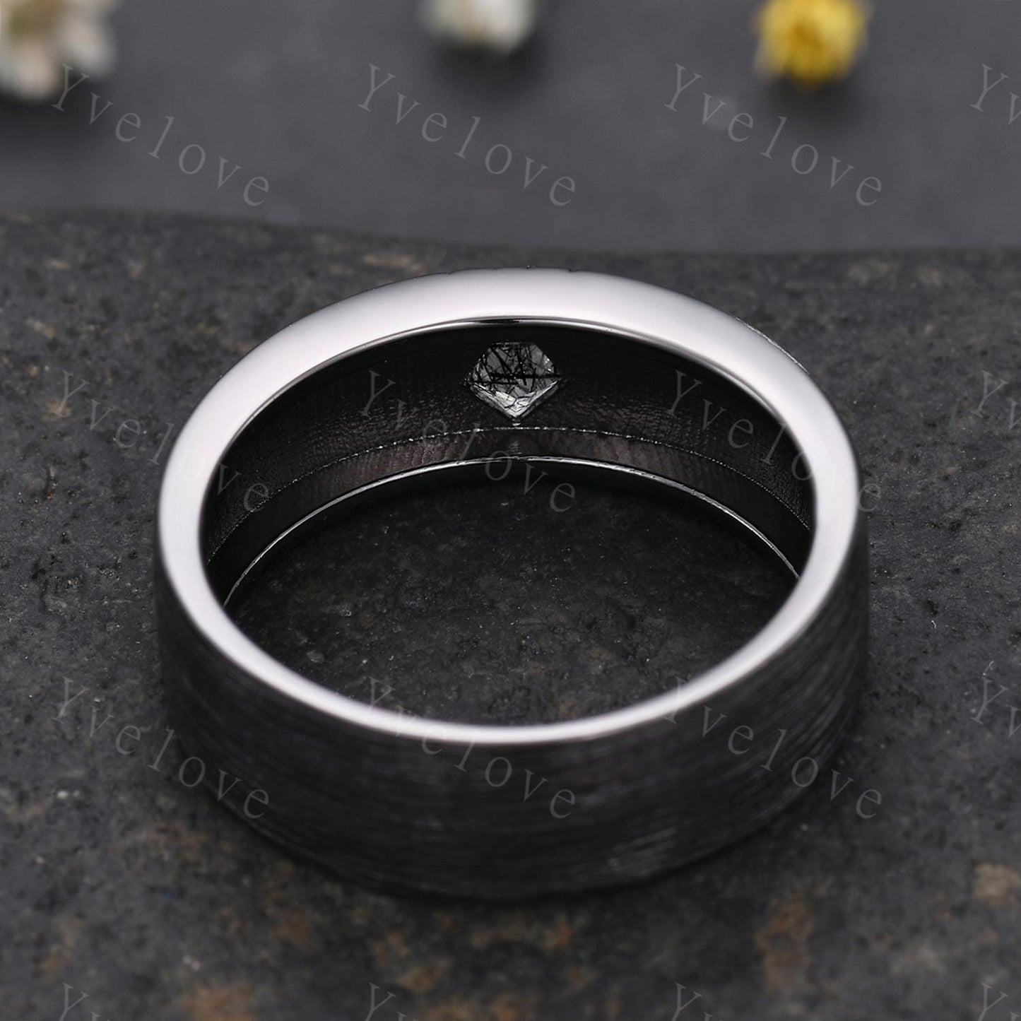 7mm Black Gold Mens Kite Cut Black Quartz Wedding Band Black Jewelry Engagement Ring Matt Finish Band Mens Stacking Band His Wedding band