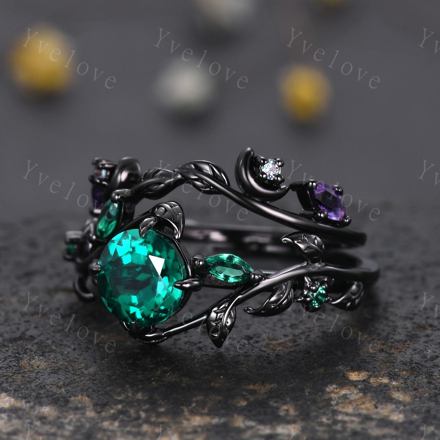 Vintage Round Emerald Engagement Ring,Silver Black Gold,Cluster Leaf Vine Wedding Ring,Women Bridal Set,Unique Promise Ring Gift for her