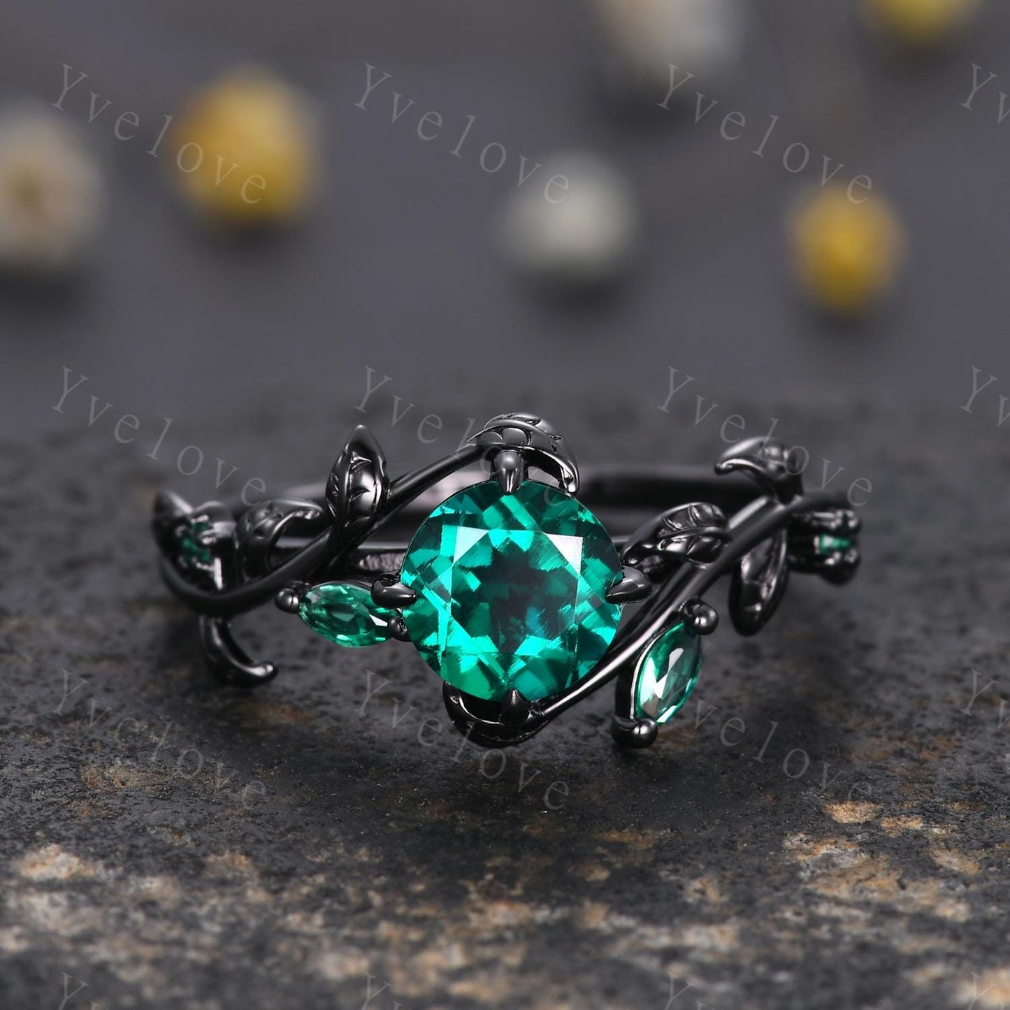 Vintage Round Emerald Engagement Ring,Silver Black Gold,Cluster Leaf Vine Wedding Ring,Women Bridal Set,Unique Promise Ring Gift for her