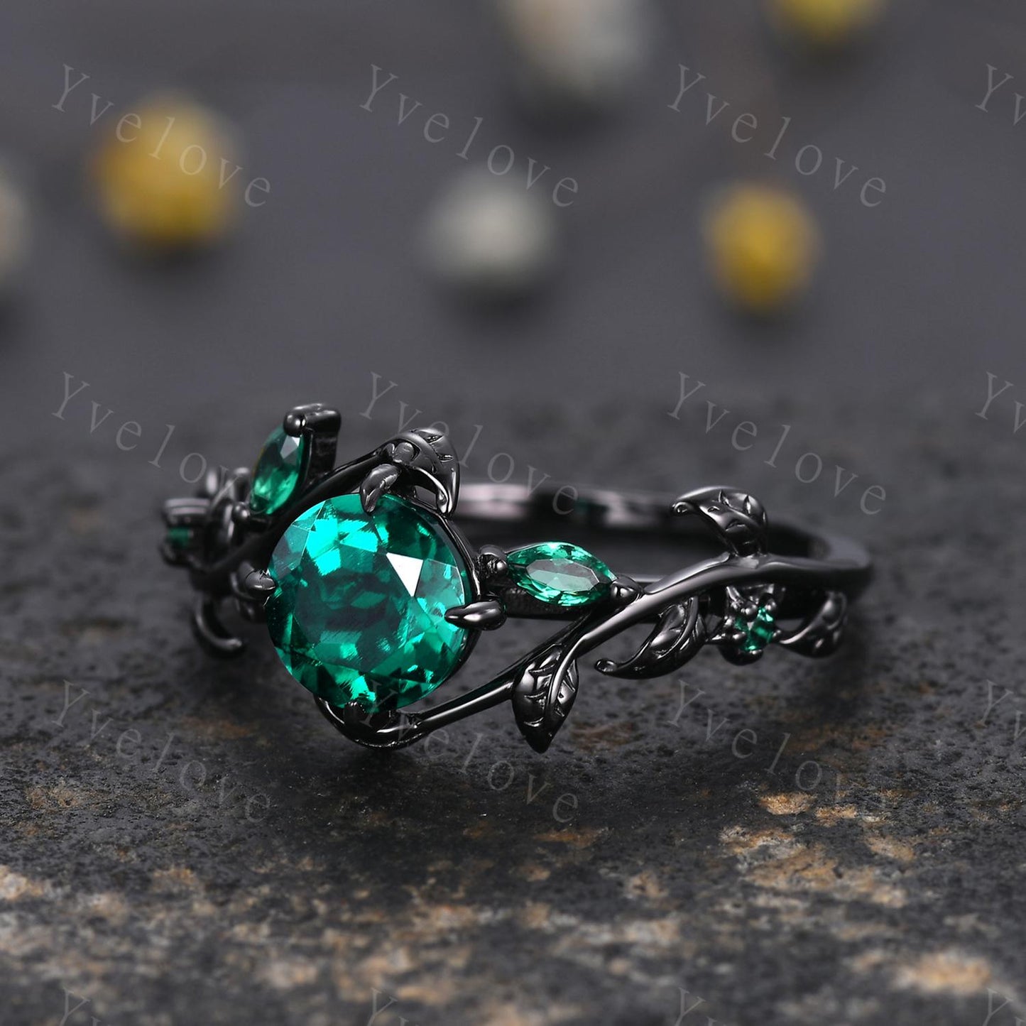 Vintage Round Emerald Engagement Ring,Silver Black Gold,Cluster Leaf Vine Wedding Ring,Women Bridal Ring,Art Deco Promise Ring Gift for her