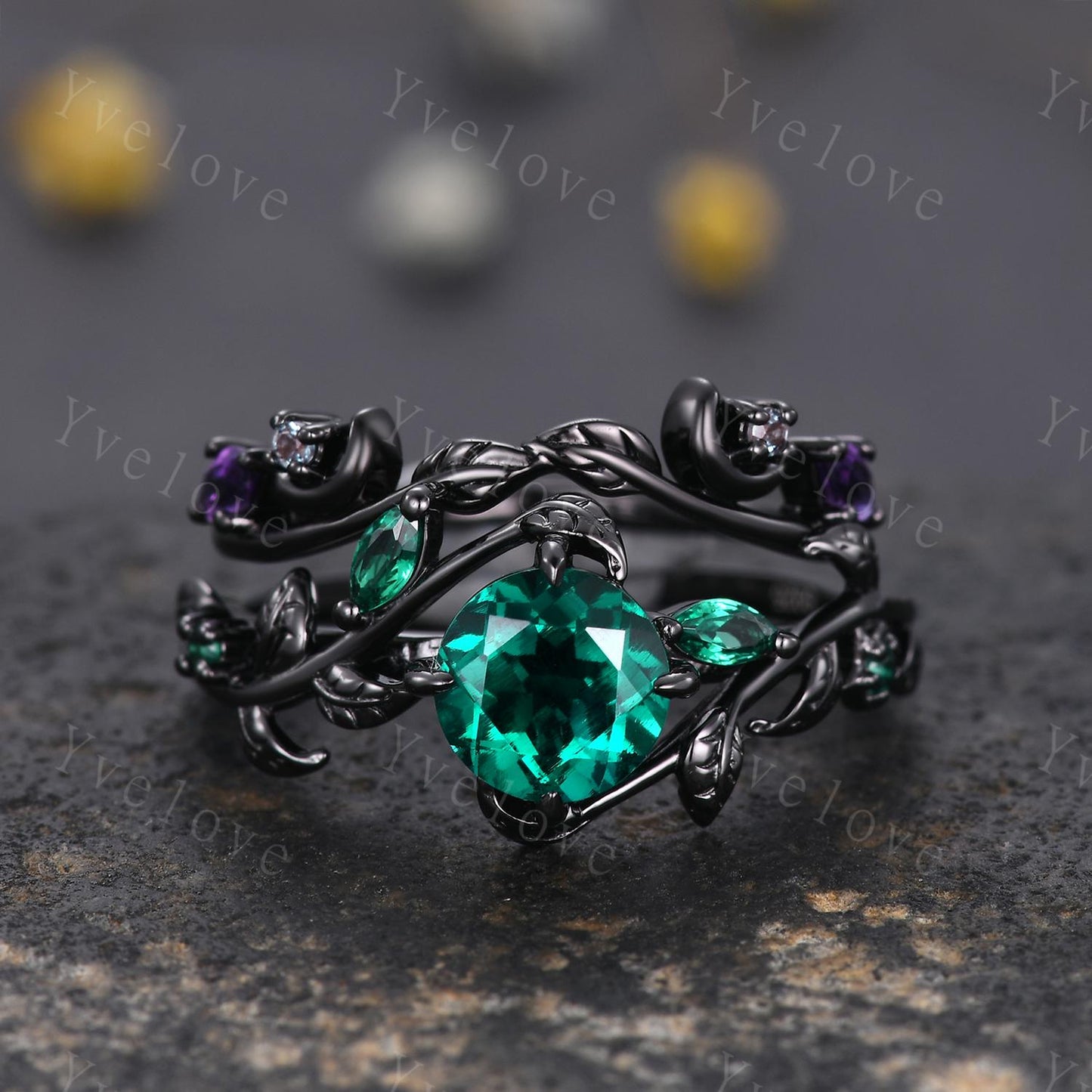 Vintage Round Emerald Engagement Ring,Silver Black Gold,Cluster Leaf Vine Wedding Ring,Women Bridal Set,Unique Promise Ring Gift for her