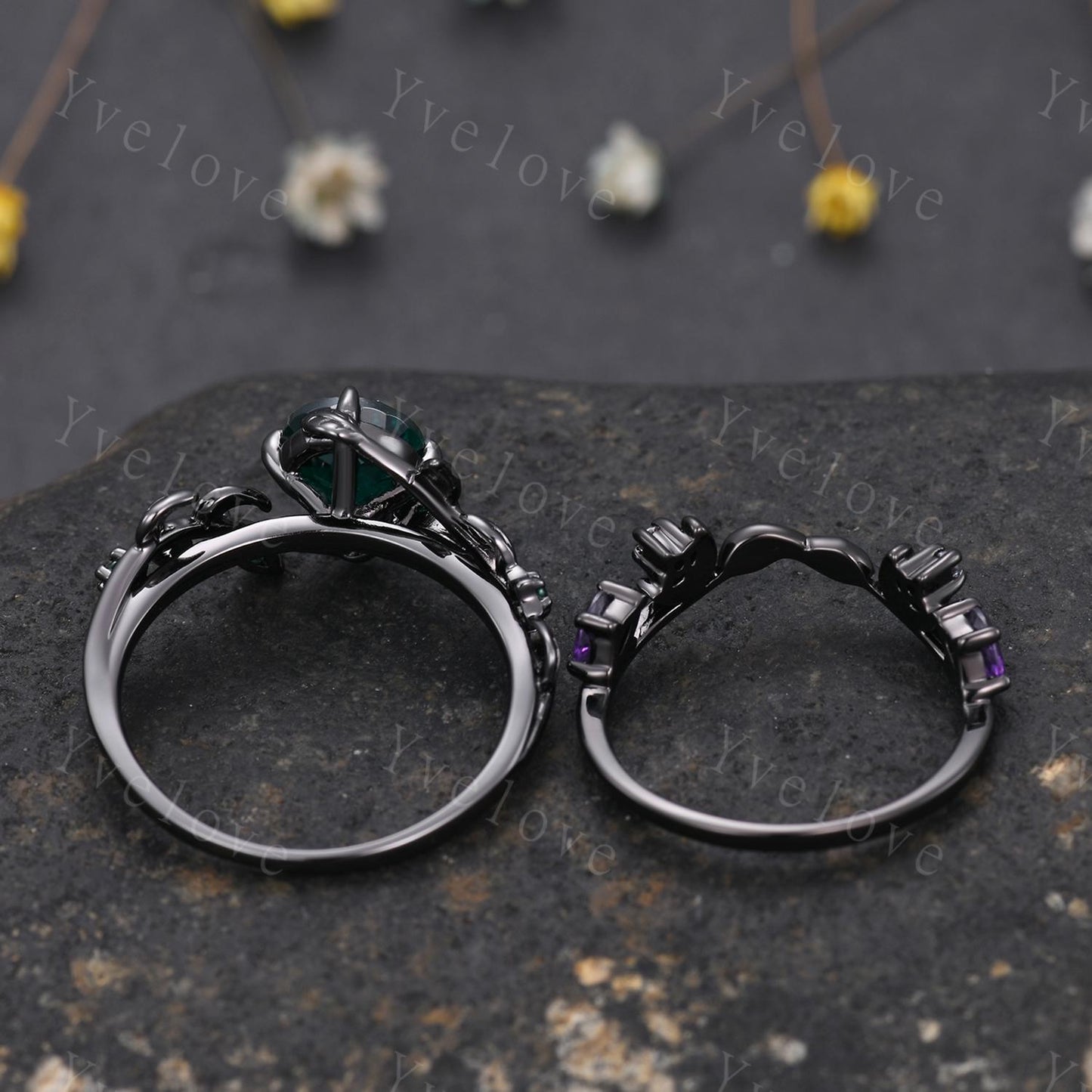 Vintage Round Emerald Engagement Ring,Silver Black Gold,Cluster Leaf Vine Wedding Ring,Women Bridal Set,Unique Promise Ring Gift for her