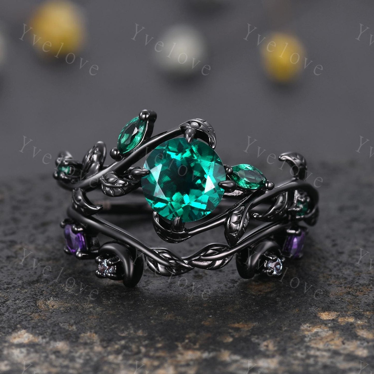 Vintage Round Emerald Engagement Ring,Silver Black Gold,Cluster Leaf Vine Wedding Ring,Women Bridal Set,Unique Promise Ring Gift for her