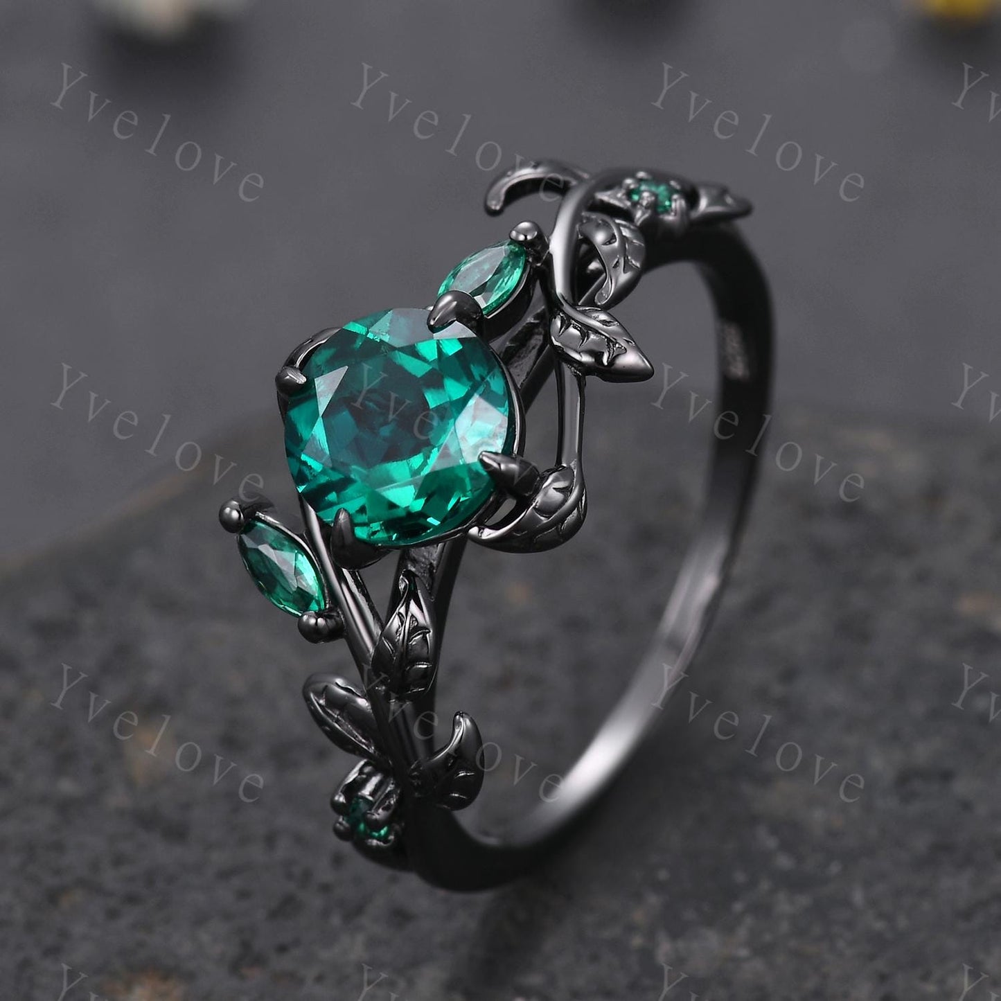 Vintage Round Emerald Engagement Ring,Silver Black Gold,Cluster Leaf Vine Wedding Ring,Women Bridal Ring,Art Deco Promise Ring Gift for her