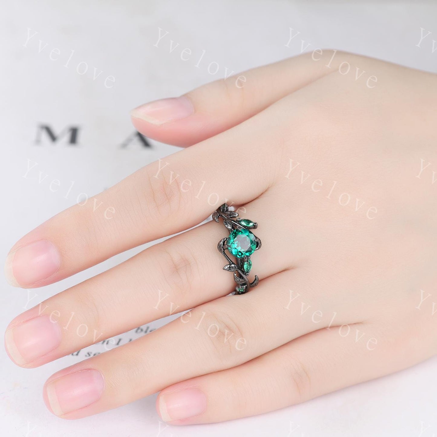 Vintage Round Emerald Engagement Ring,Silver Black Gold,Cluster Leaf Vine Wedding Ring,Women Bridal Ring,Art Deco Promise Ring Gift for her