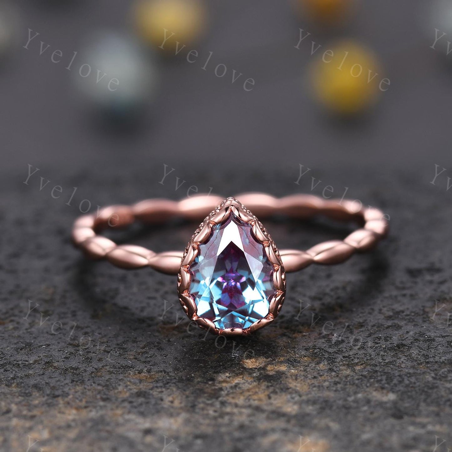Vintage Pear Cut Alexandrite Engagement Ring Unique Plain Gold Band Art Deco 14K Rose Gold Bridal Wedding Band