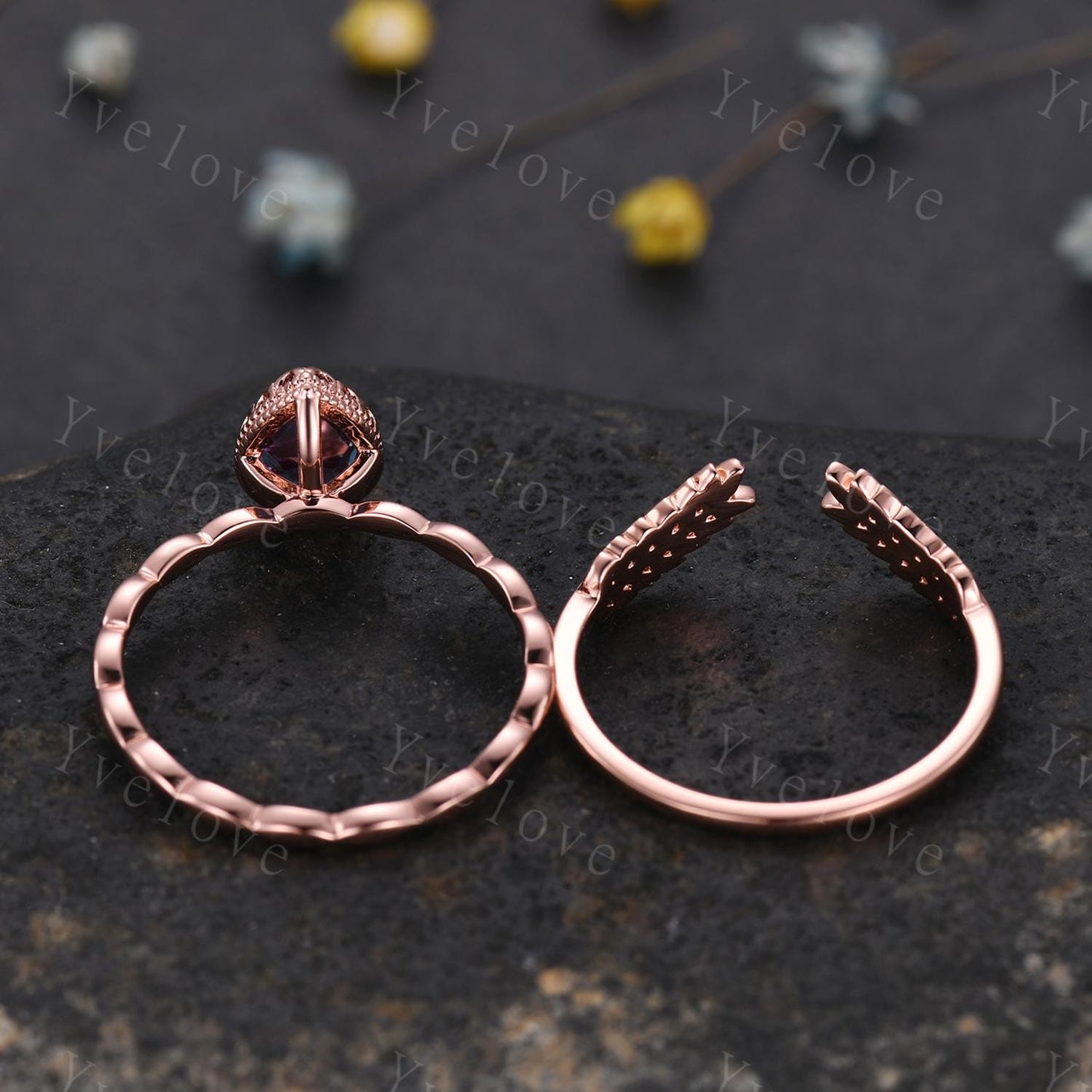 Vintage Pear Cut Alexandrite Engagement Ring Set Unique Leaf Twisted Design Ring Art Deco 14K Rose Gold Open Gap Band Bridal Set Customized