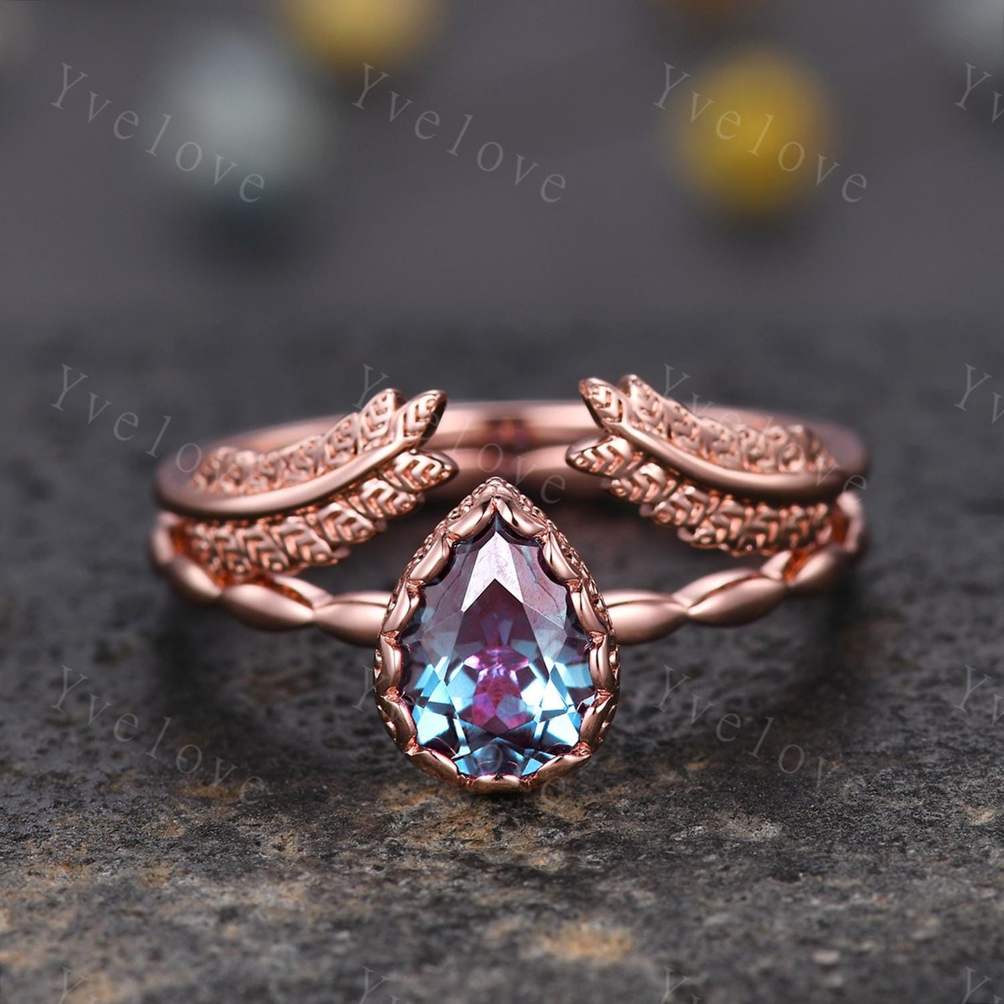 Vintage Pear Cut Alexandrite Engagement Ring Set Unique Leaf Twisted Design Ring Art Deco 14K Rose Gold Open Gap Band Bridal Set Customized