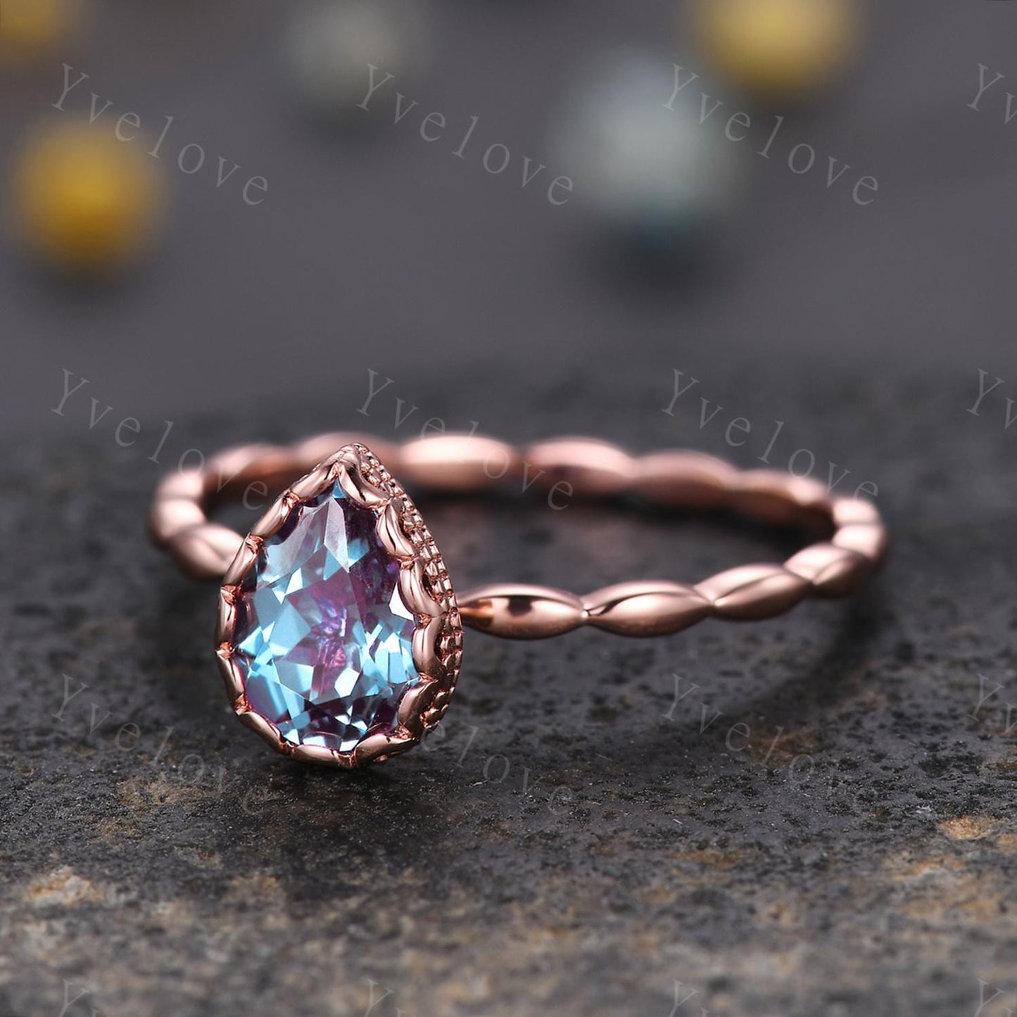 Vintage Pear Cut Alexandrite Engagement Ring Unique Plain Gold Band Art Deco 14K Rose Gold Bridal Wedding Band