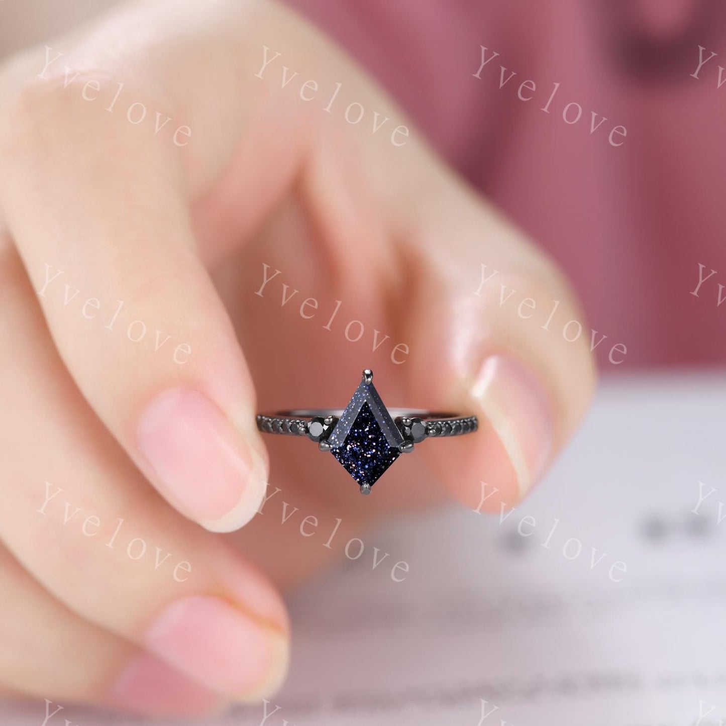 Retro Kite Blue Sandstone Engagement Ring,Vintage Black Silver Ring Set,Unique Black Spinel Diamond Promise Ring Anniversary Gift For Her