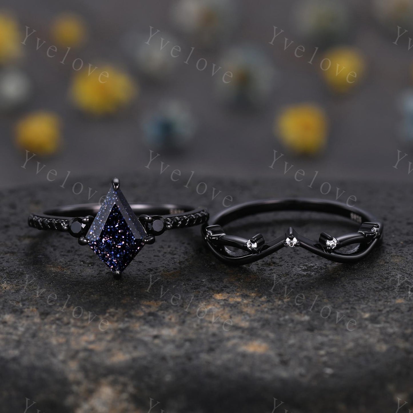 Retro Kite Blue Sandstone Engagement Ring,Vintage Black Silver Ring Set,Unique Black Spinel Diamond Promise Ring Anniversary Gift For Her