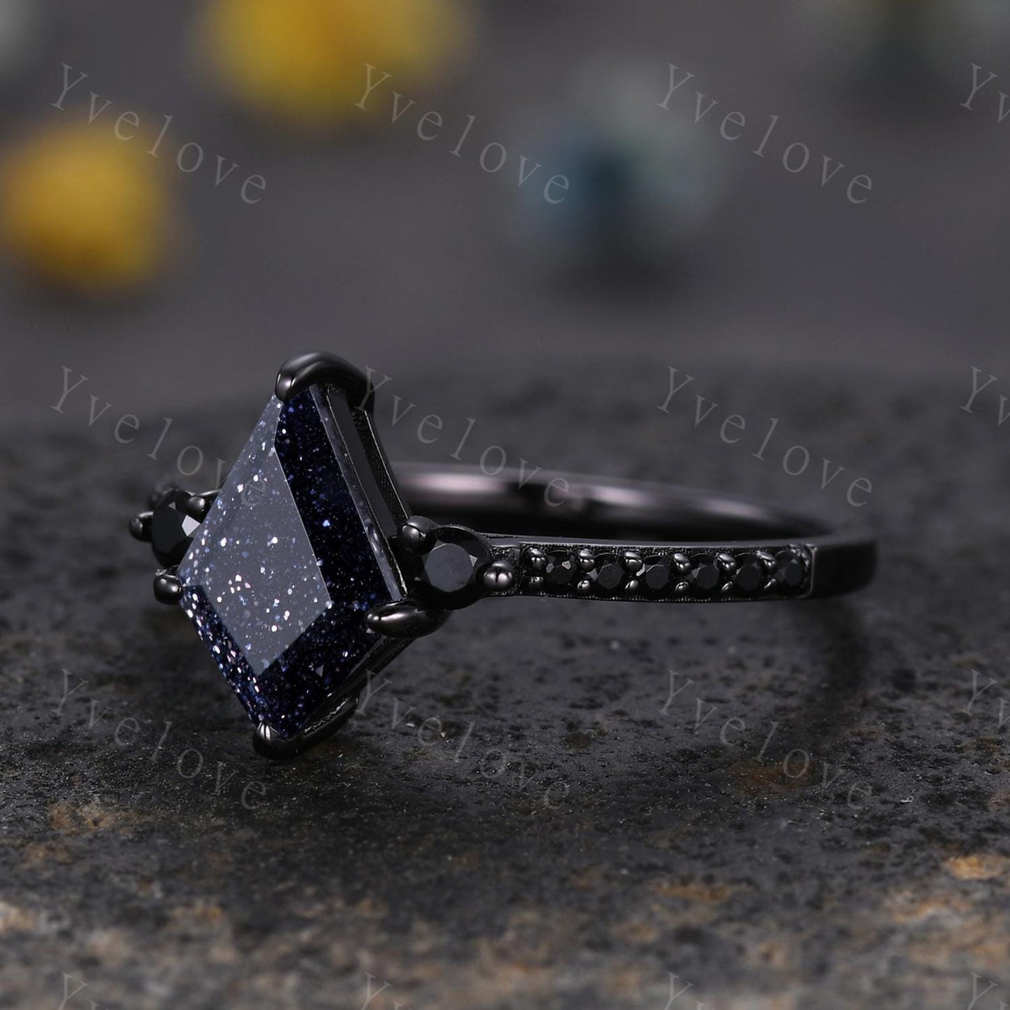 Retro Kite Blue Sandstone Engagement Ring,Vintage Black Silver Ring Set,Unique Black Spinel Diamond Promise Ring Anniversary Gift For Her