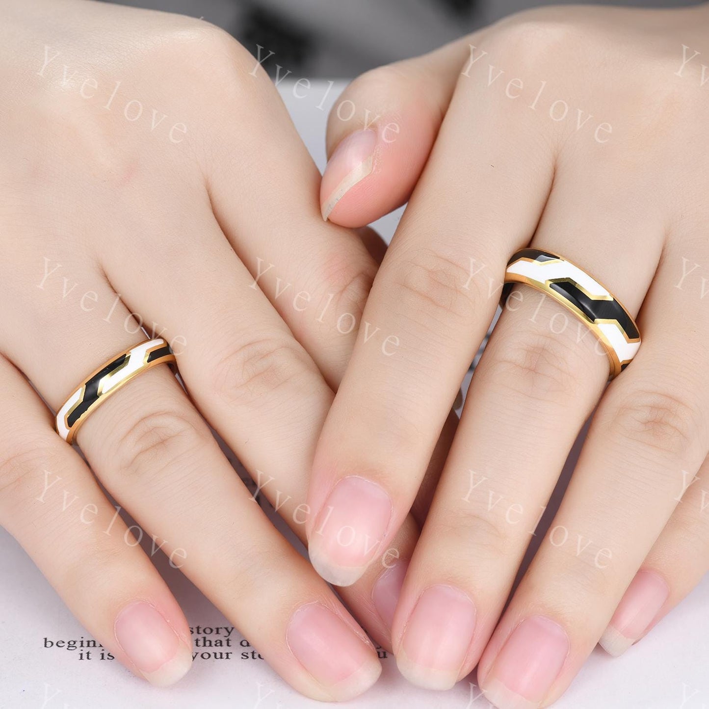 Couples ring set black enamel coating ring for men and women white enamel wedding band promise stacking matching Band retro vintage Gift