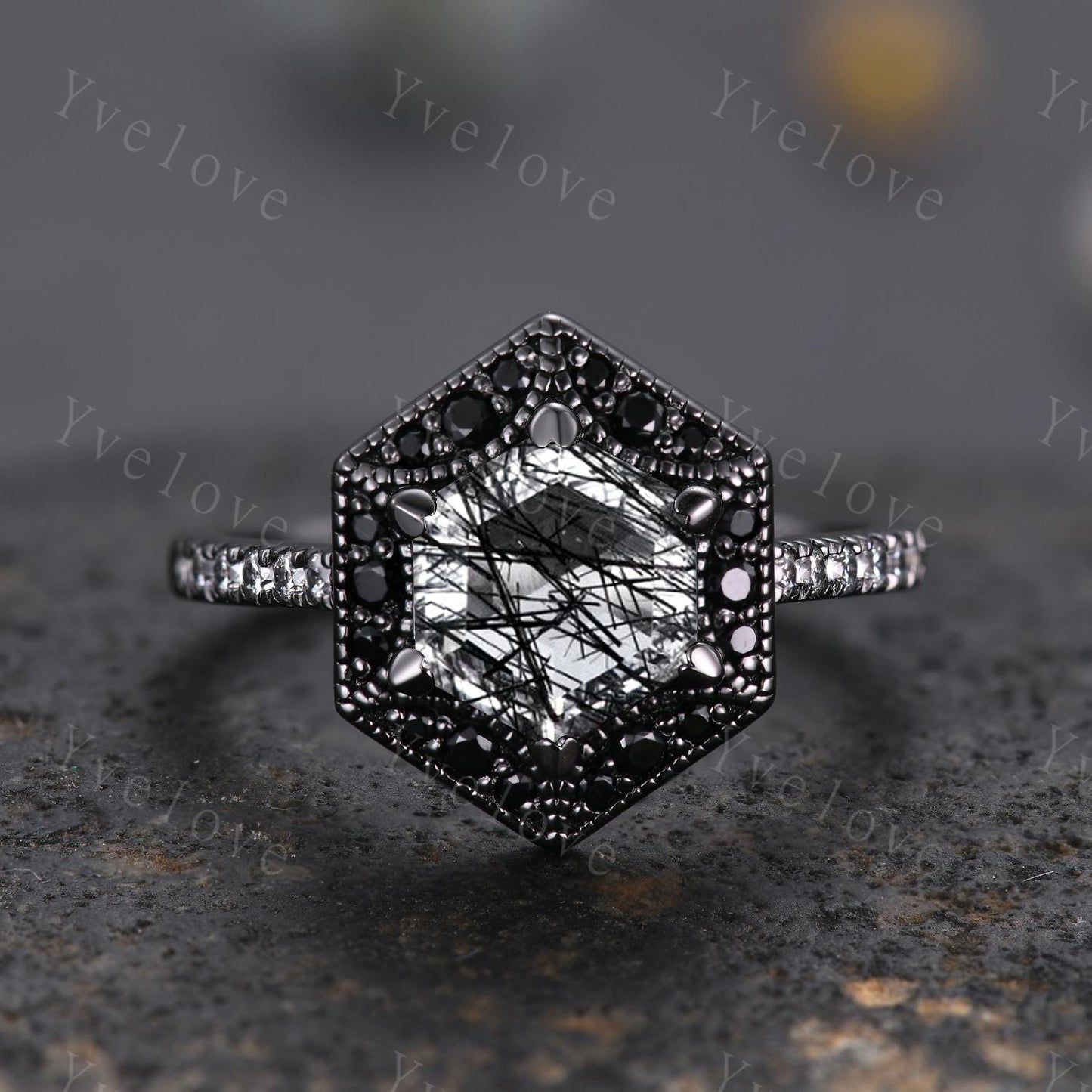 Hexagon Natural Black Rutilated Quartz Anniversary Bridal Ring 925 Black Rhodium Engagement Women Promise Birthday Gift Halo Ring For Her