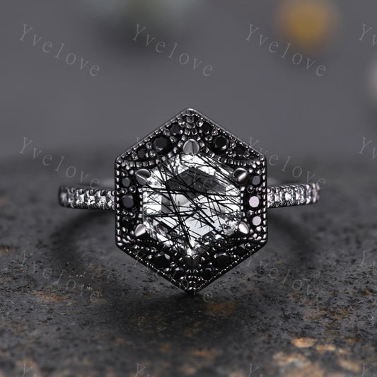 Hexagon Natural Black Rutilated Quartz Anniversary Bridal Ring 925 Black Rhodium Engagement Women Promise Birthday Gift Halo Ring For Her
