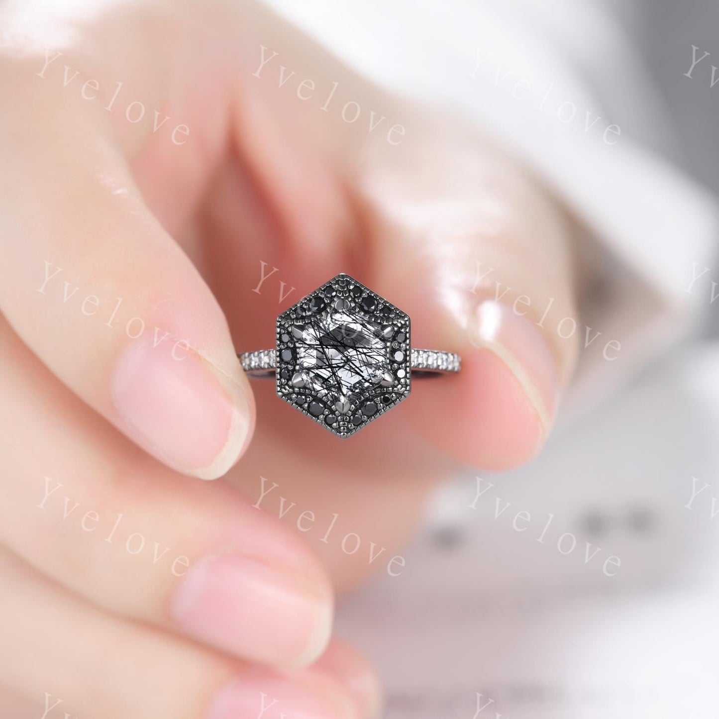 Hexagon Natural Black Rutilated Quartz Anniversary Bridal Ring 925 Black Rhodium Engagement Women Promise Birthday Gift Halo Ring For Her