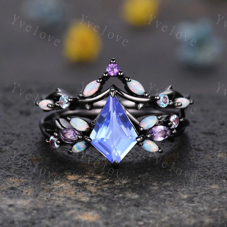 Vintage Kite Cut Tanzanite Engagement Ring Set,Black Gold Ring,Vines Amethyst Opal Ring,Women Bridal Set,Unique Twig Promise Ring Gift