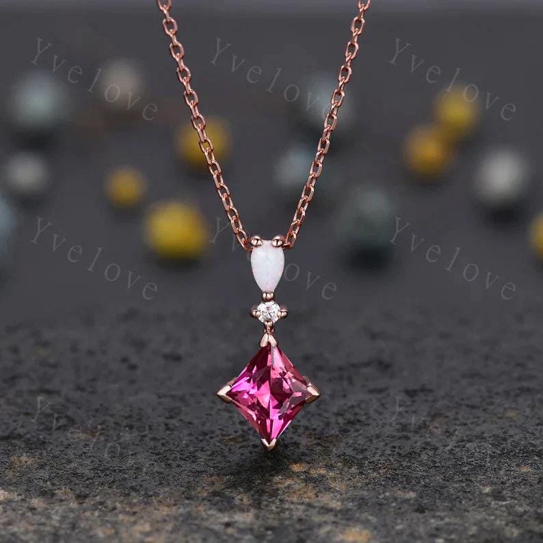 Vintage unique lozenge pink tourmaline necklace 14k rose gold opal diamond personalized pendant for women anniversary bridal gift for women