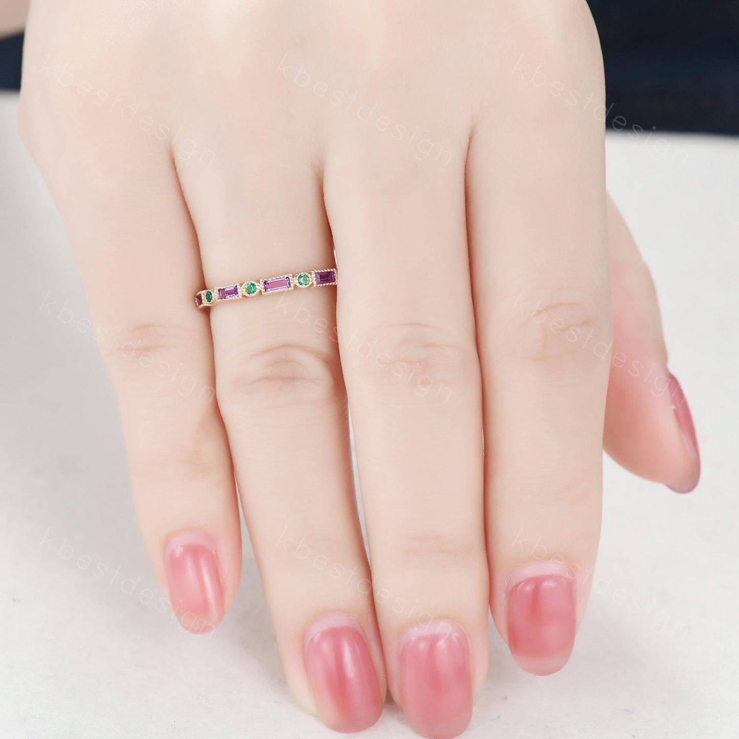 Art Deco Amethyst Emerald wedding band solid 14k Yellow gold wedding band vintage baguette Stacking ring women birthstone Anniversary band