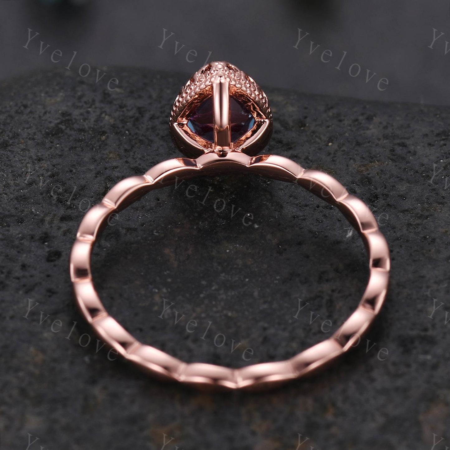 Vintage Pear Cut Alexandrite Engagement Ring Unique Plain Gold Band Art Deco 14K Rose Gold Bridal Wedding Band