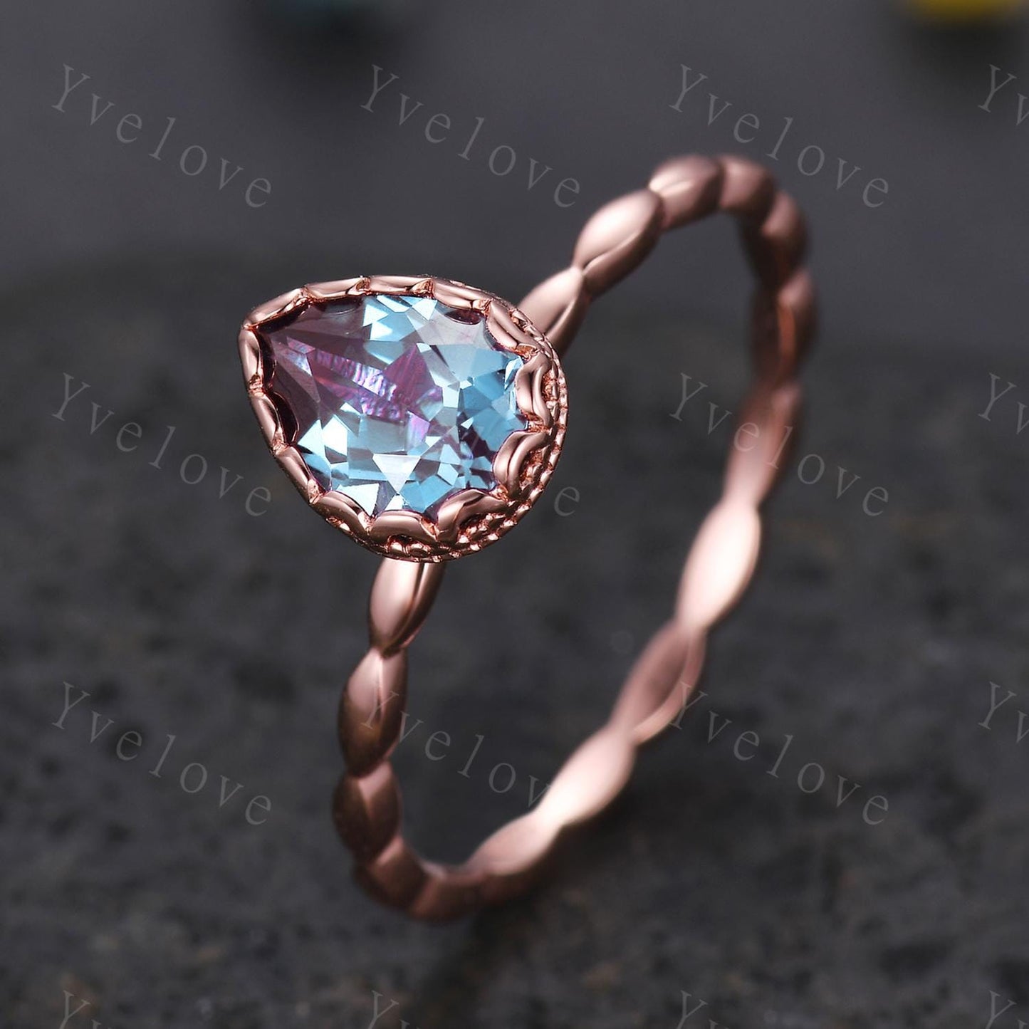 Vintage Pear Cut Alexandrite Engagement Ring Unique Plain Gold Band Art Deco 14K Rose Gold Bridal Wedding Band