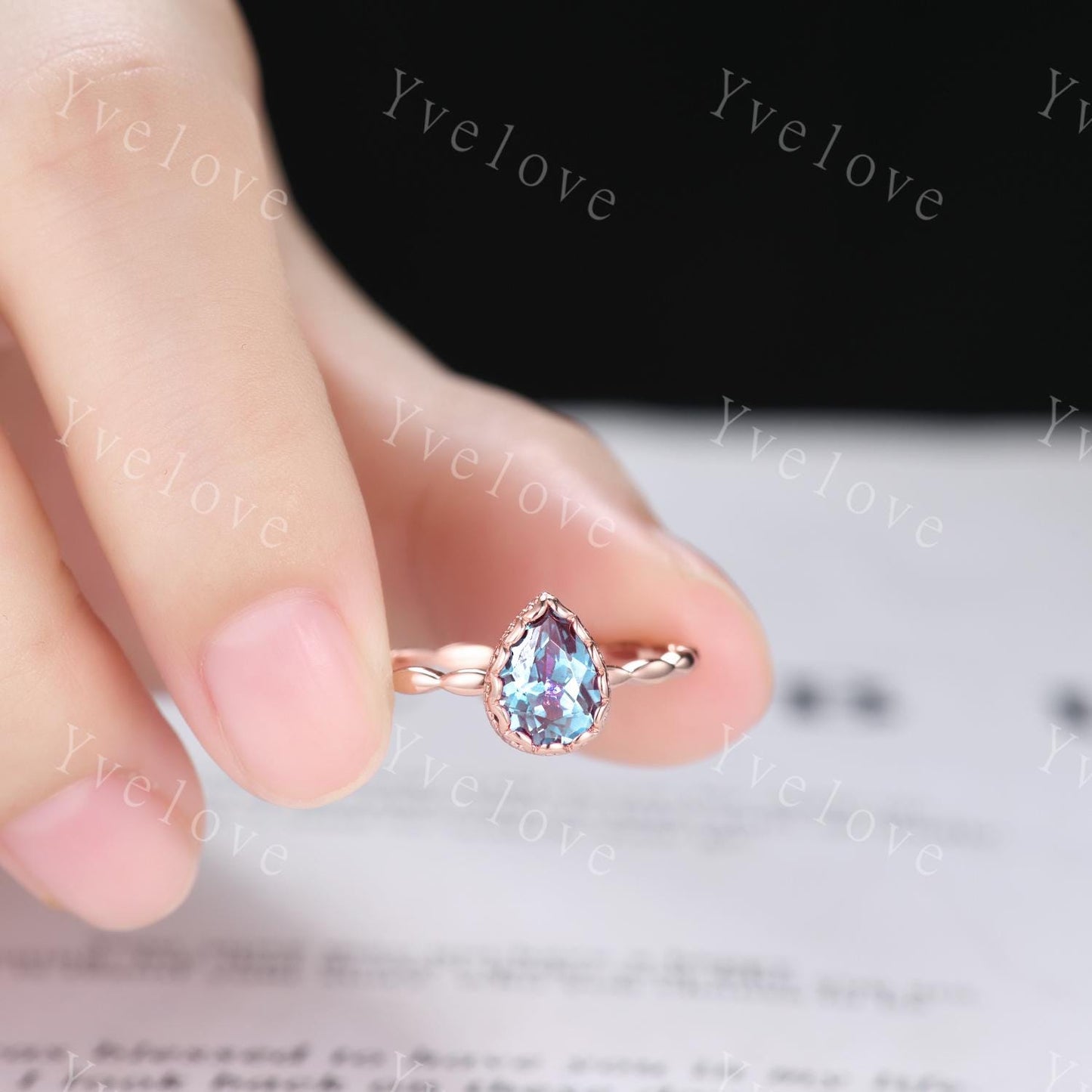 Vintage Pear Cut Alexandrite Engagement Ring Unique Plain Gold Band Art Deco 14K Rose Gold Bridal Wedding Band