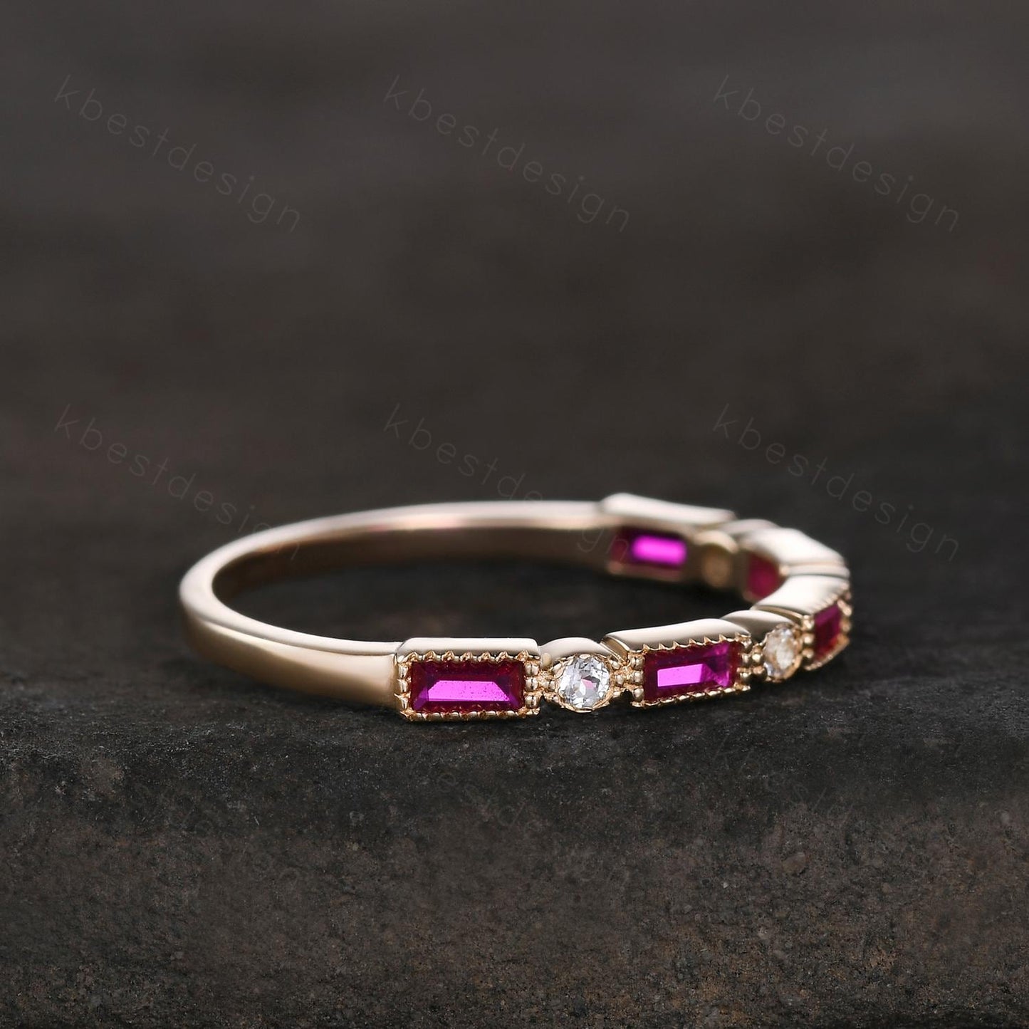 Baguette cut ruby aquamarine wedding band solid 14k gold wedding band vintage art deco Stacking ring women July birthstone Anniversary band