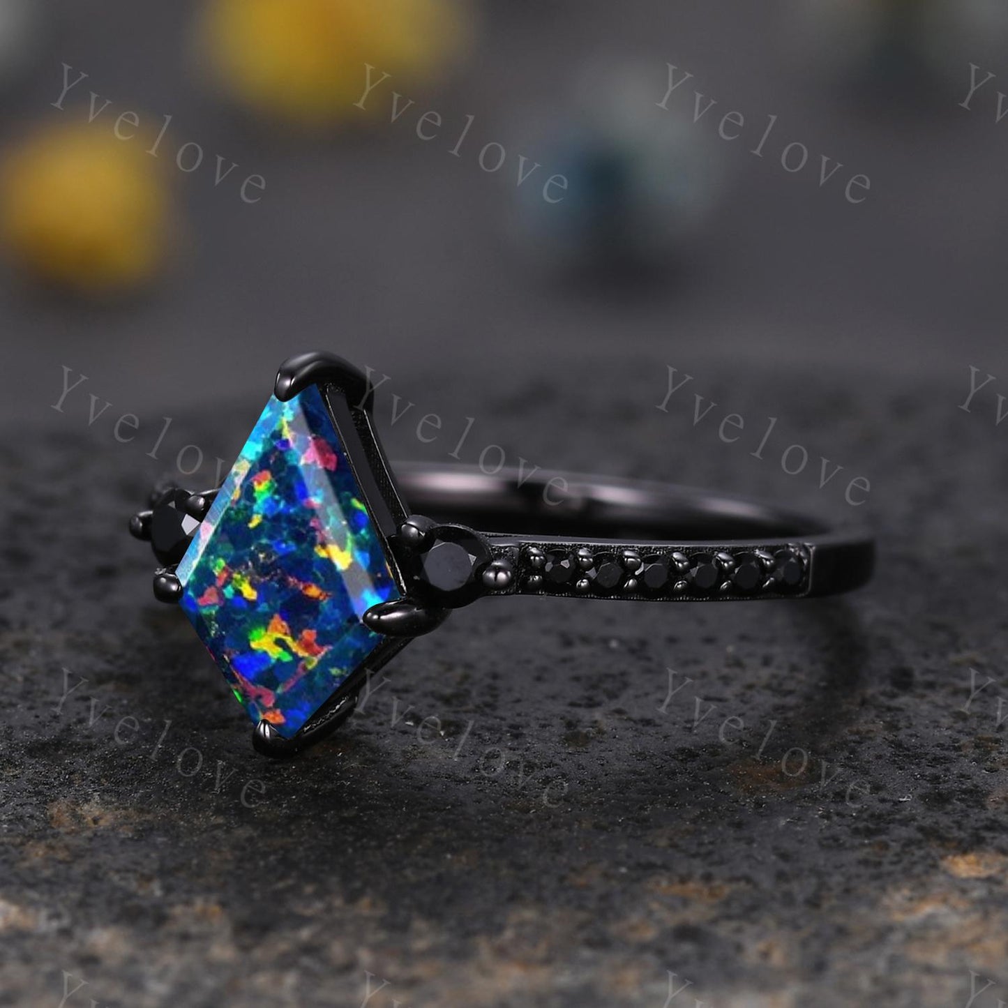 Retro Kite Black Opal Engagement Ring,Vintage Nature Inspired Black Silver Ring,Unique Black Spinel Diamond Promise Ring Anniversary Gift