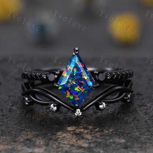 Retro Kite Black Opal Engagement Ring,Vintage Nature Inspired Black Silver Ring,Unique Black Spinel Diamond Promise Ring Anniversary Gift