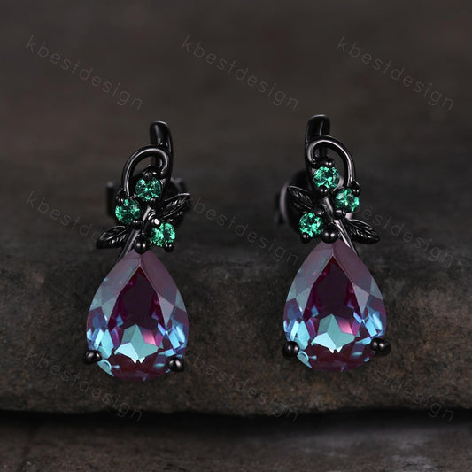 Nature inspired alexandrite earrings women black gold earring studs teardrop earrings art deco June birthstone studs anniversary gift