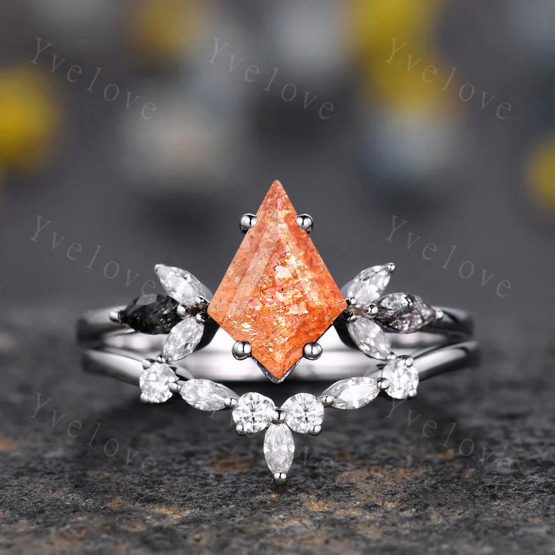 Vintage Kite shaped Sunstone Engagement Ring Set,Unique Bridal Ring Set,Marquise Black Rutilated Quartz,White Gold Nebula Anniversary Ring