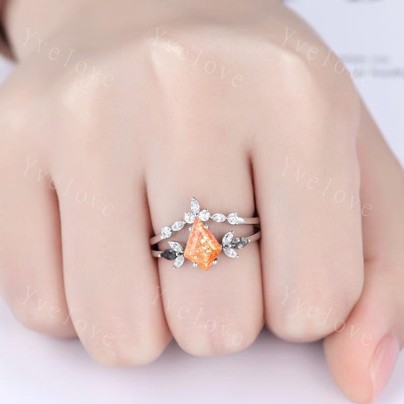 Vintage Kite shaped Sunstone Engagement Ring Set,Unique Bridal Ring Set,Marquise Black Rutilated Quartz,White Gold Nebula Anniversary Ring
