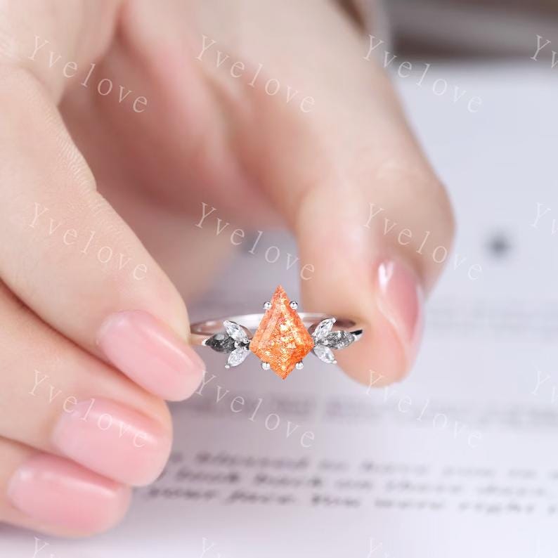 Vintage Kite shaped Sunstone Engagement Ring Set,Unique Bridal Ring Set,Marquise Black Rutilated Quartz,White Gold Nebula Anniversary Ring