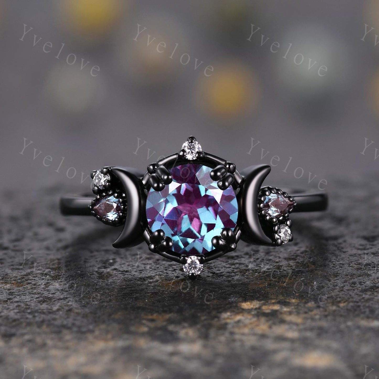 Round alexandrite ring gothic cluster ring black gold unique engagement ring retro moon star diamond promise wedding ring celestial gift
