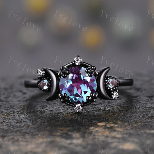 Round alexandrite ring gothic cluster ring black gold unique engagement ring retro moon star diamond promise wedding ring celestial gift