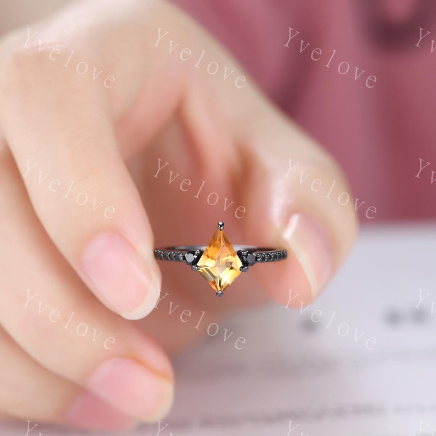 Retro Kite Cut Citrine Engagement Ring,Vintage Nature Inspired Black Silver Ring,Unique Black Spinel Diamond Promise Ring Anniversary Gift