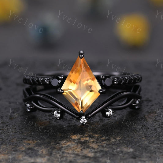 Retro Kite Cut Citrine Engagement Ring,Vintage Nature Inspired Black Silver Ring,Unique Black Spinel Diamond Promise Ring Anniversary Gift