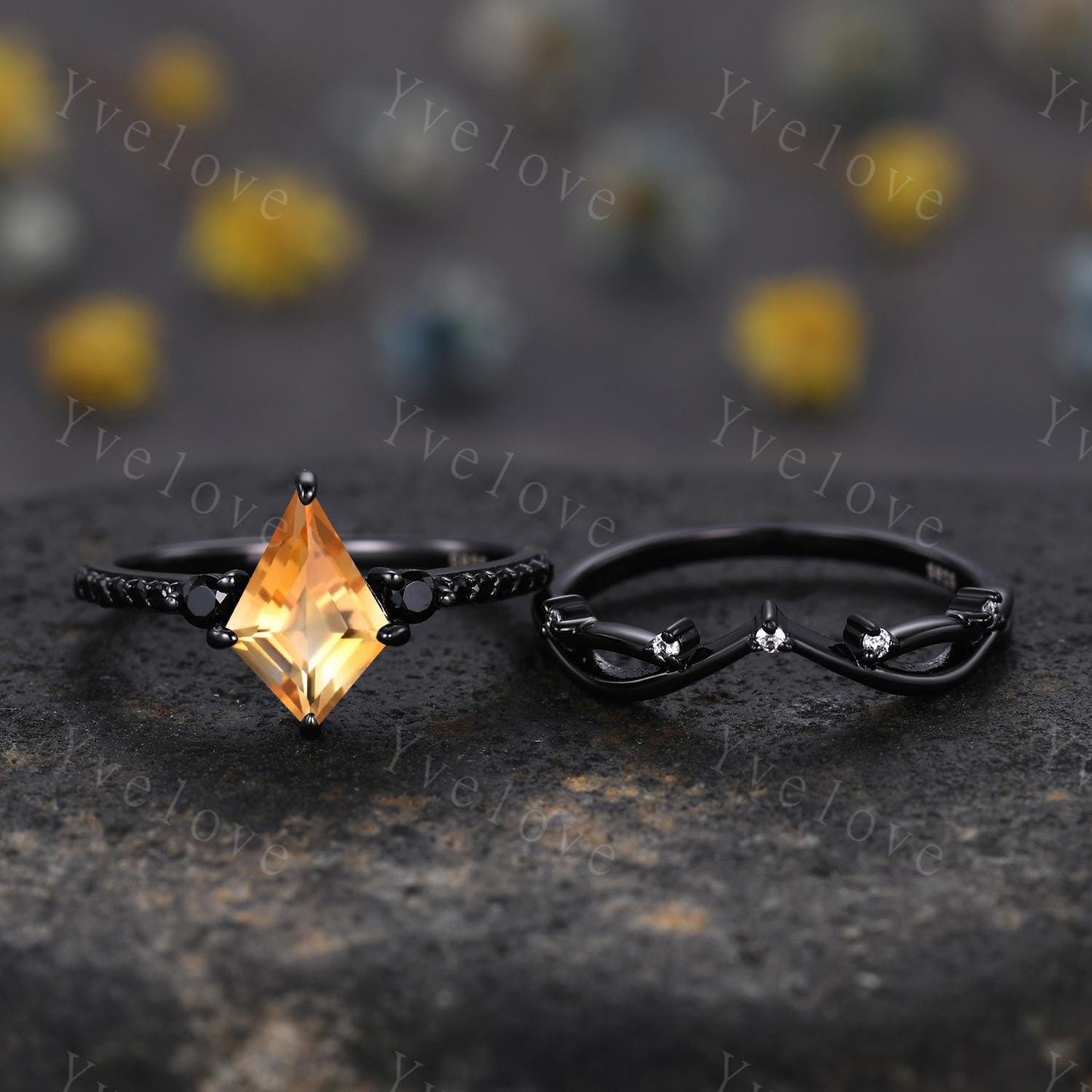 Retro Kite Cut Citrine Engagement Ring,Vintage Nature Inspired Black Silver Ring,Unique Black Spinel Diamond Promise Ring Anniversary Gift
