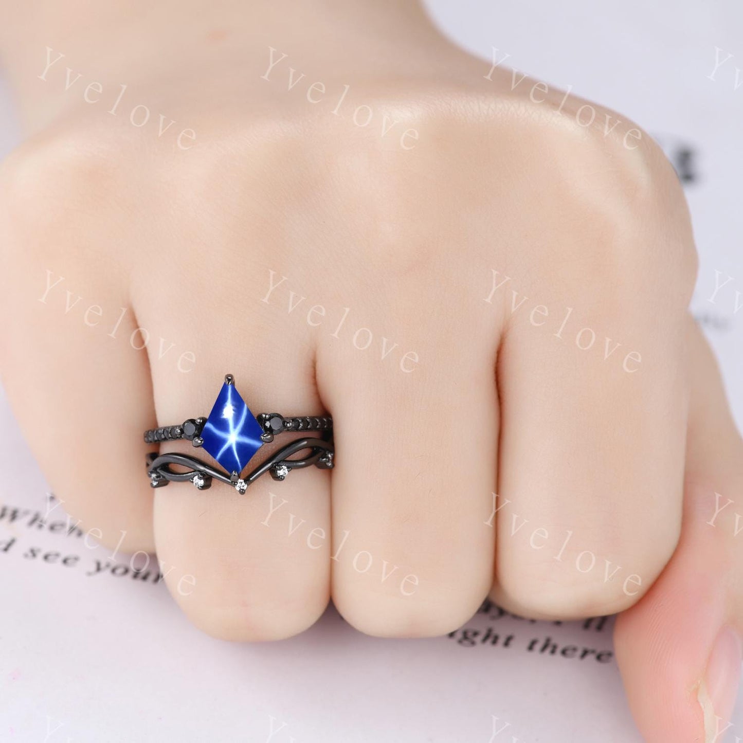 Retro Kite Star Sapphire Engagement Ring,Vintage Lindy Star Ring Black Silver Band,Unique Black Spinel Diamond Promise Ring Anniversary Gift