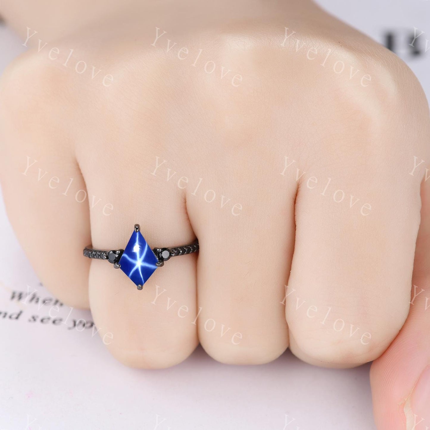 Retro Kite Star Sapphire Engagement Ring,Vintage Lindy Star Ring Black Silver Band,Unique Black Spinel Diamond Promise Ring Anniversary Gift